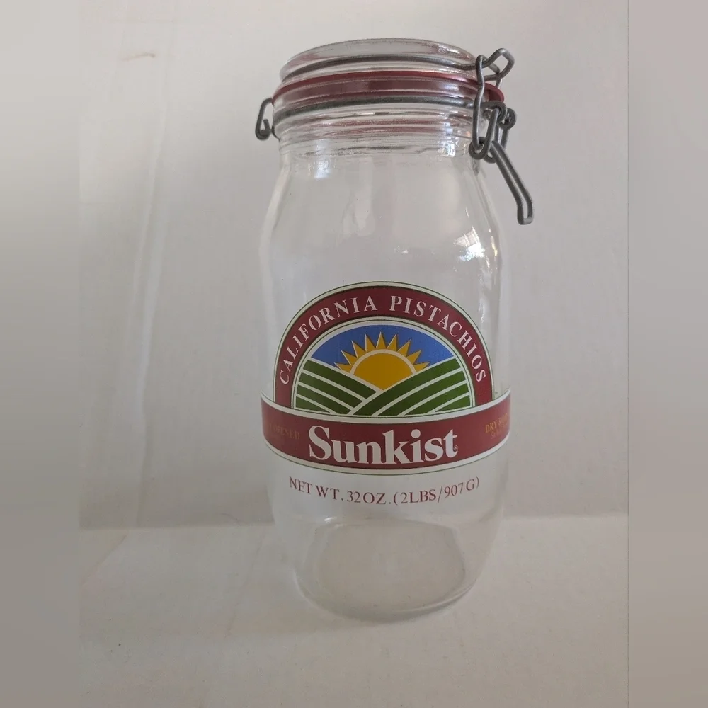 Vintage Clear Glass Jar with Snap Lid. Sunkist California Pistachios.